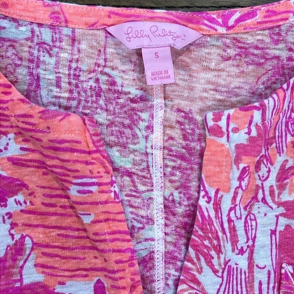 Lilly Pulitzer Linen Top S Cheeky Melon Rule Breakers Pocket Notch Split Neck - Picture 6 of 7